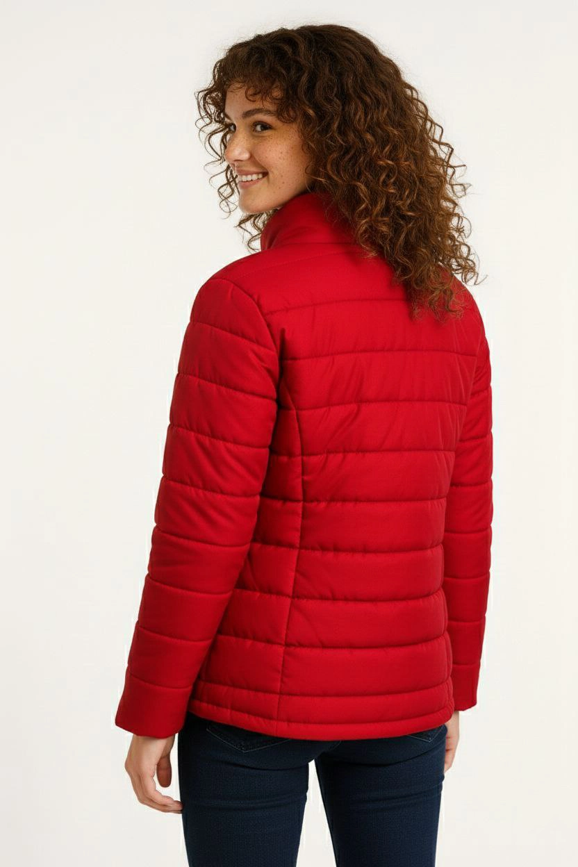 Kadın Mikro Su İtici Kapitone Baskılı Astarlı Fermuarlı Bomber Mont - Kırmızı