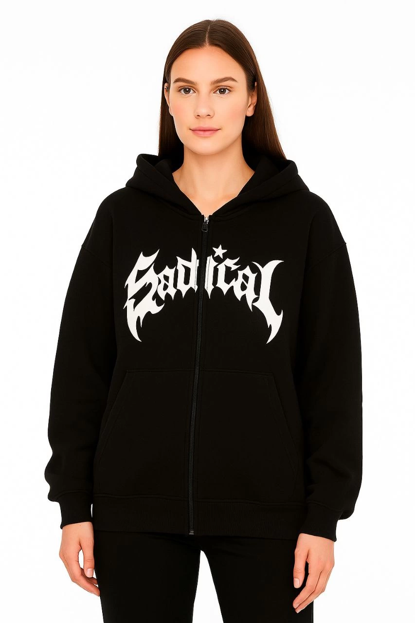 Kadın Kapüşonlu 3 İplik Şardonlu Önü Baskılı Fermuarlı Oversize Sweatshirt - Siyah