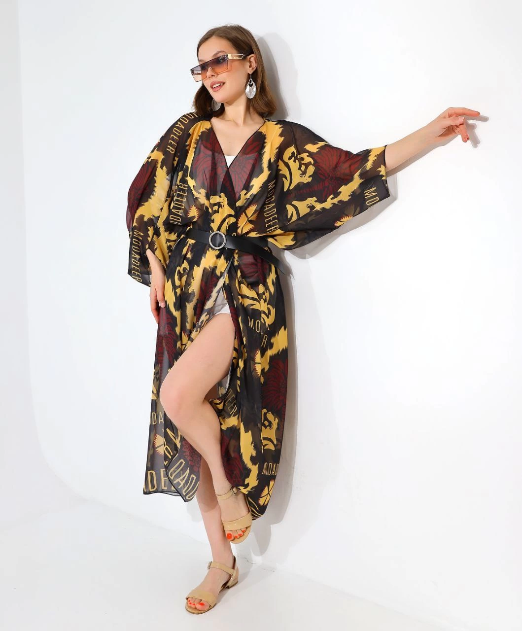 Women Comfortable Cutting Belt Chiffon Kimono - Coffee