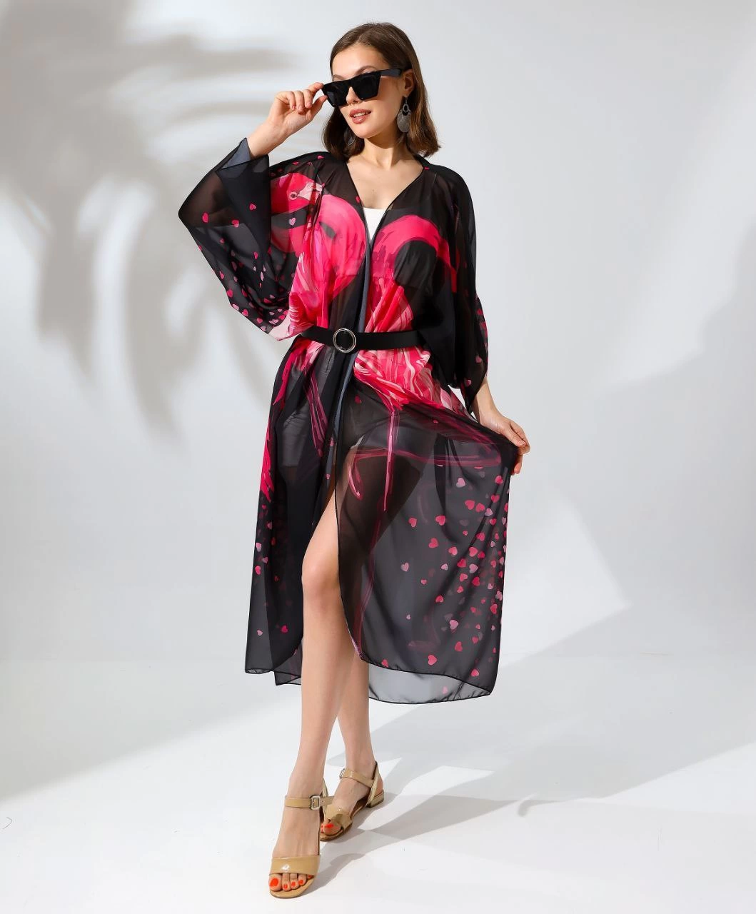 Women Comfortable Cutting Belt Chiffon Kimono - Black
