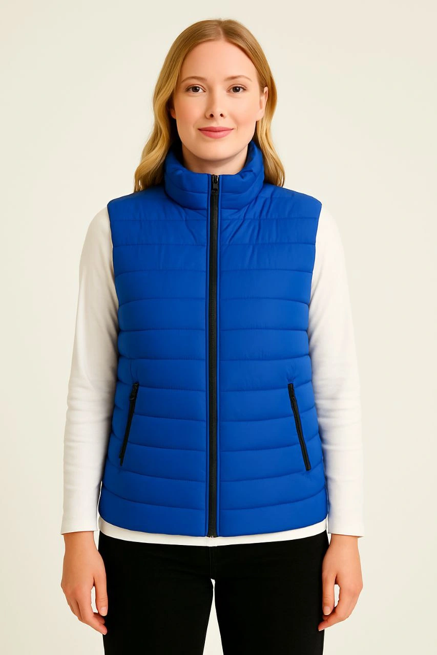 Kadın Şişme Fermuarlı Yelek Su itici Kapitone Astarlı Kumaş Cepli Hafif Kışlık Spor Rahat Kalıp - Saks Mavisi