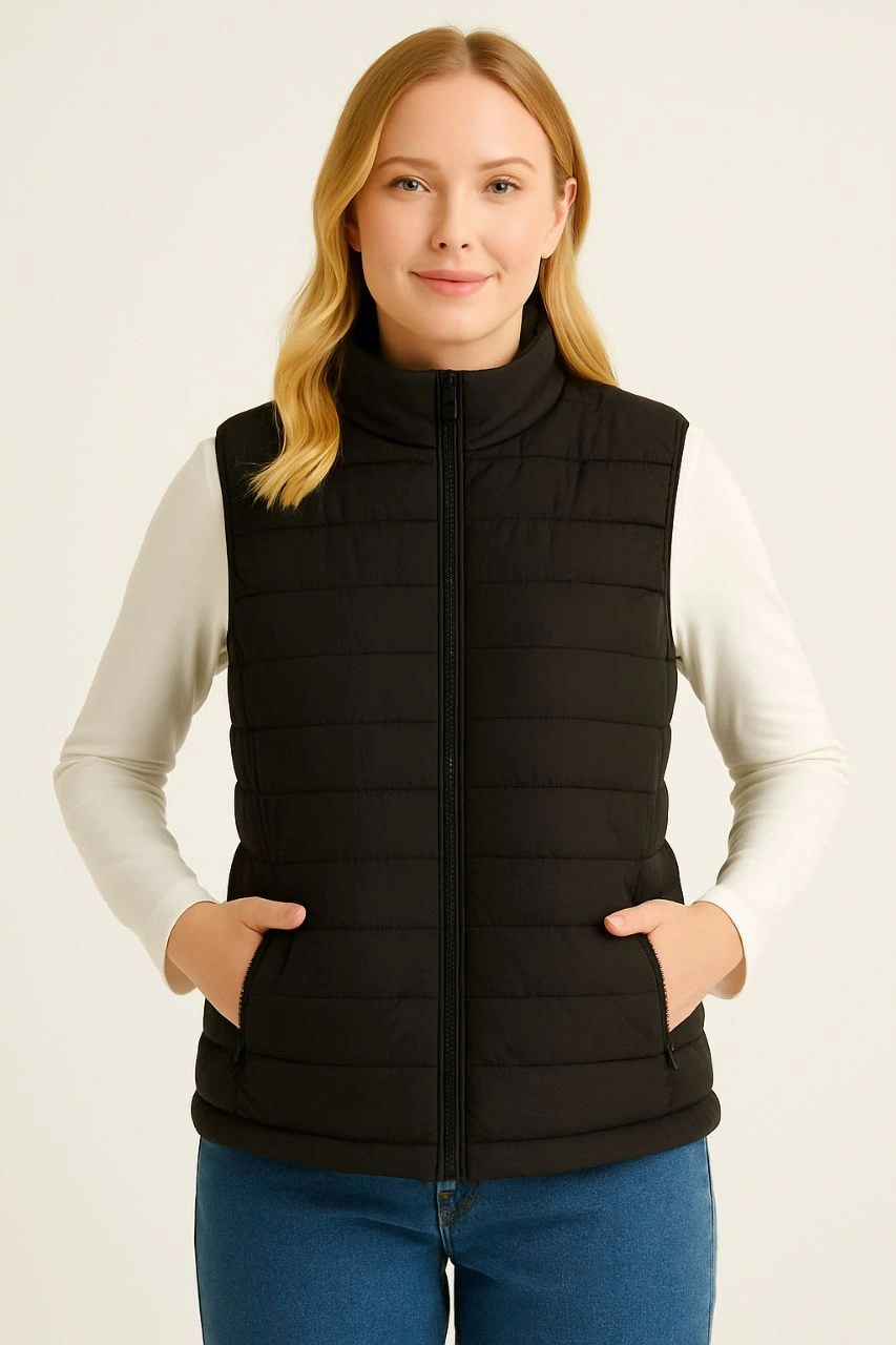 Kadın Şişme Fermuarlı Yelek Su itici Kapitone Astarlı Kumaş Cepli Hafif Kışlık Spor Rahat Kalıp - Siyah