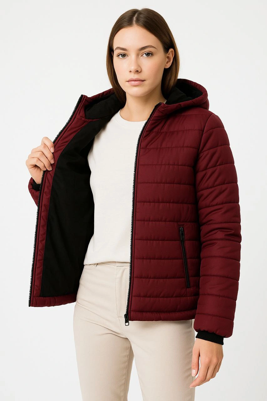 Kadın Şişme Kapüşonlu Fermuarlı Mont Su itici Kapitone Astarlı Kumaş Cepli Kışlık Rahat Kalıp - Bordo