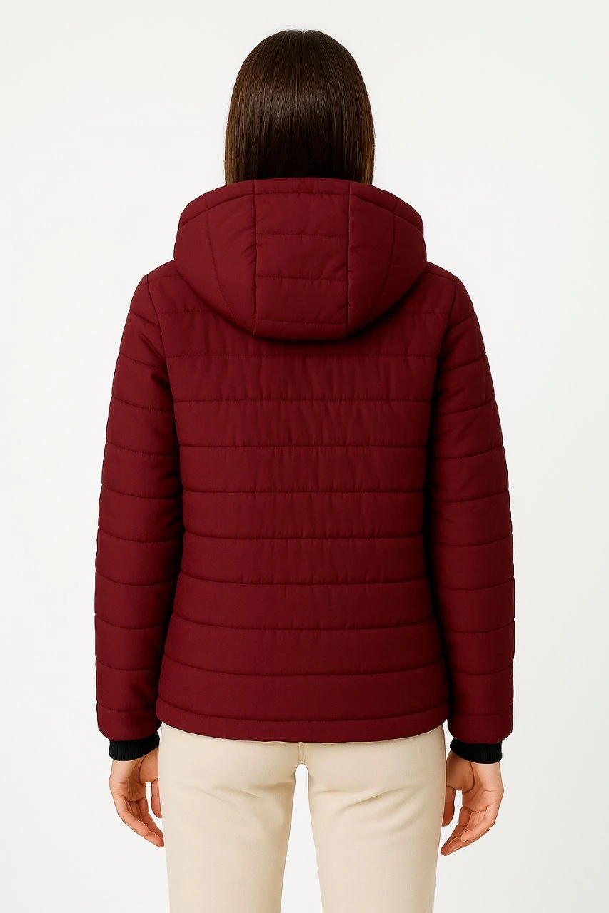 Kadın Şişme Kapüşonlu Fermuarlı Mont Su itici Kapitone Astarlı Kumaş Cepli Kışlık Rahat Kalıp - Bordo