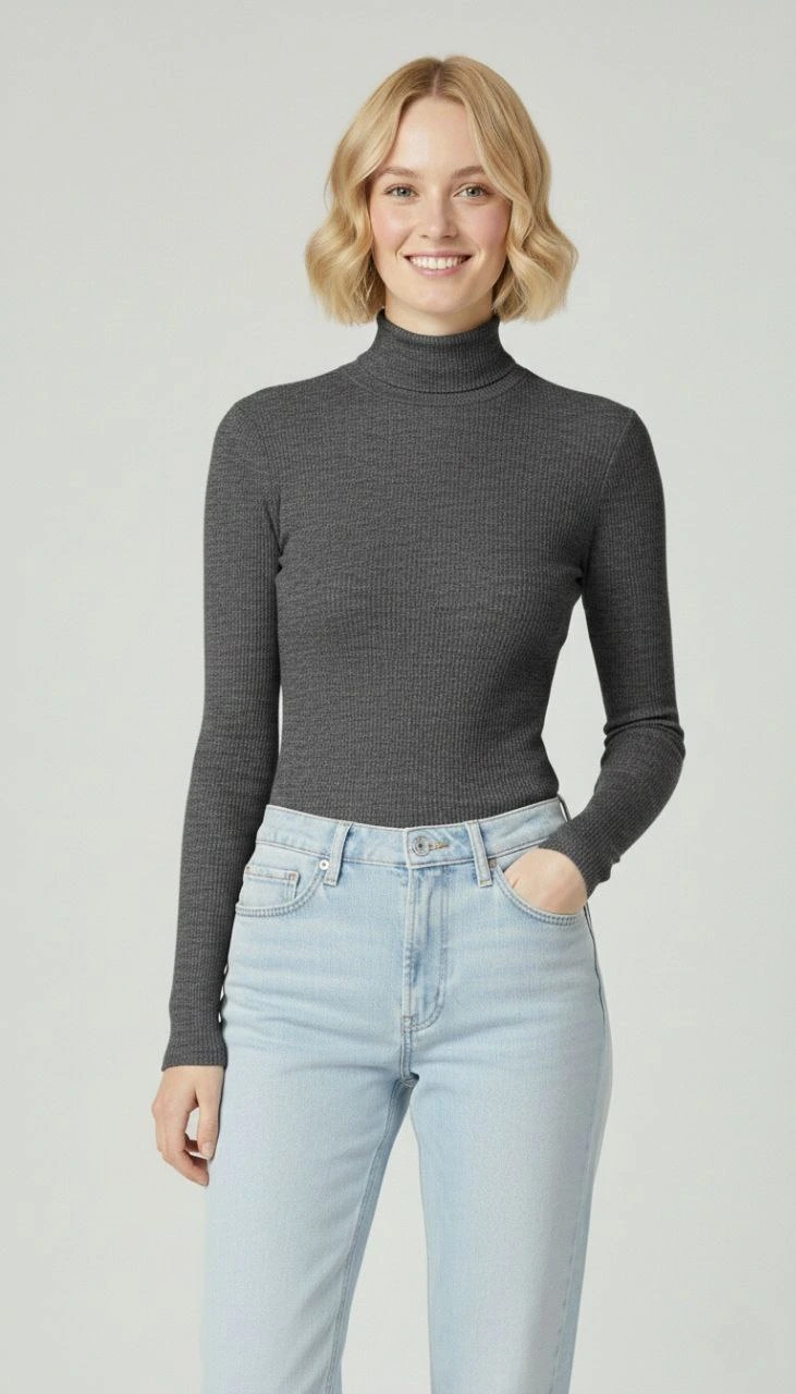 Kadın Tam Boğazlı Fitilli Likrali Kaşkorse Badi İnce Uzun Kollu Kazak - Antrasit