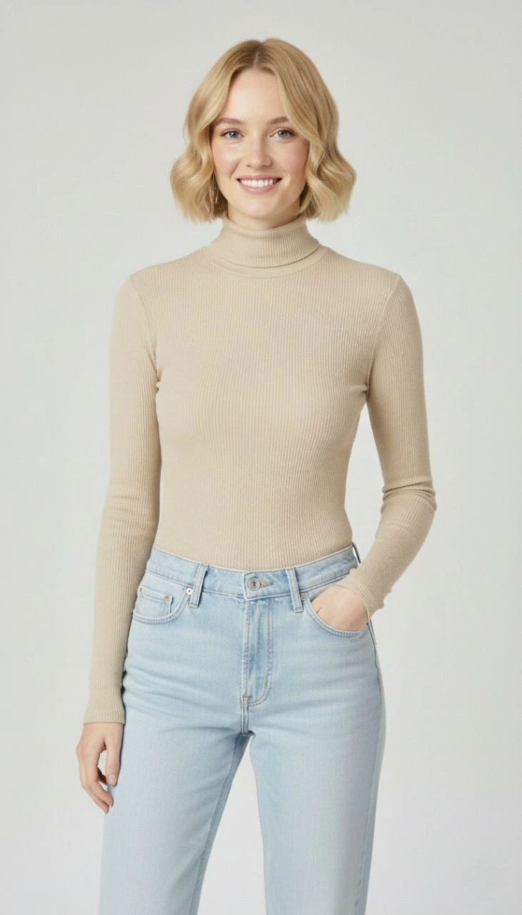 Kadın Tam Boğazlı Fitilli Likrali Kaşkorse Badi İnce Uzun Kollu Kazak - Bej