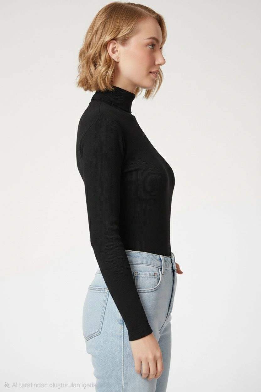 Kadın Tam Boğazlı Fitilli Likrali Kaşkorse Badi İnce Uzun Kollu Kazak - Siyah