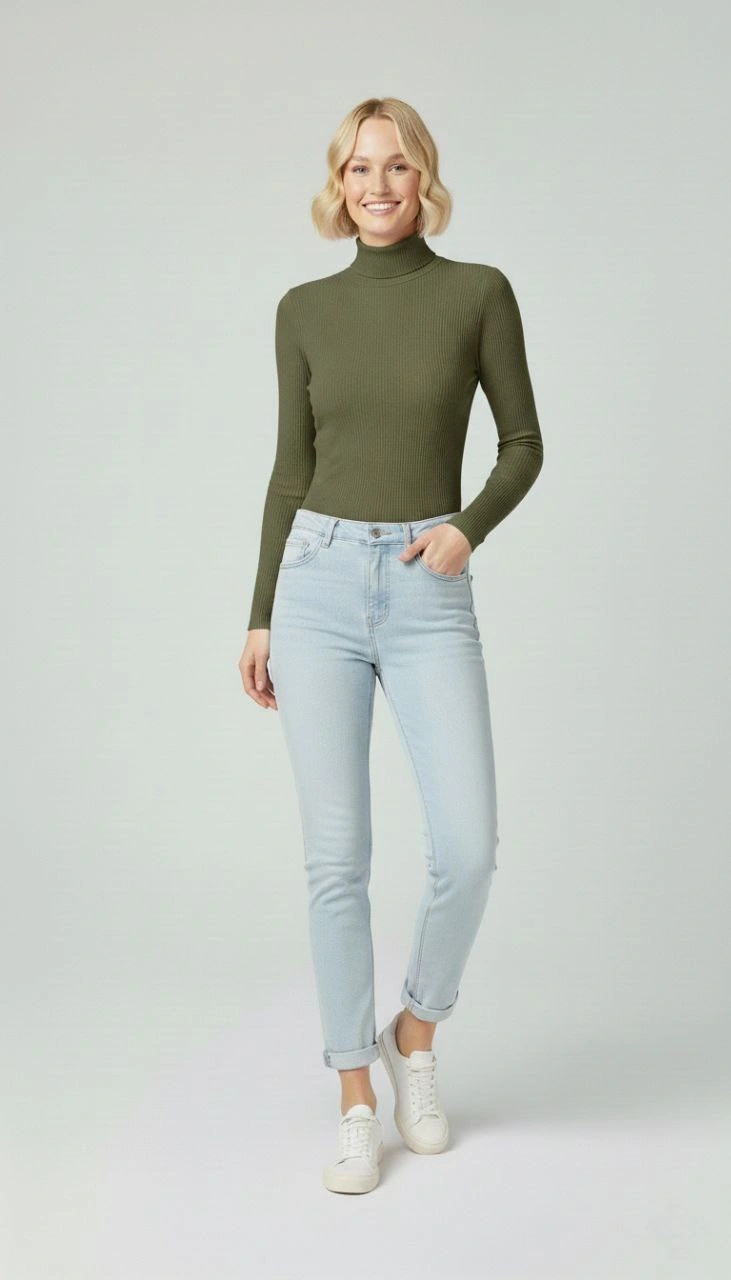 Kadın Tam Boğazlı Fitilli Likrali Kaşkorse Badi İnce Uzun Kollu Rahat Kazak - Haki