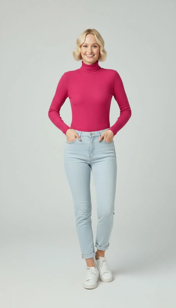 Kadın Tam Boğazlı Fitilli Likrali Kaşkorse Badi İnce Uzun Kollu Kazak - Pembe