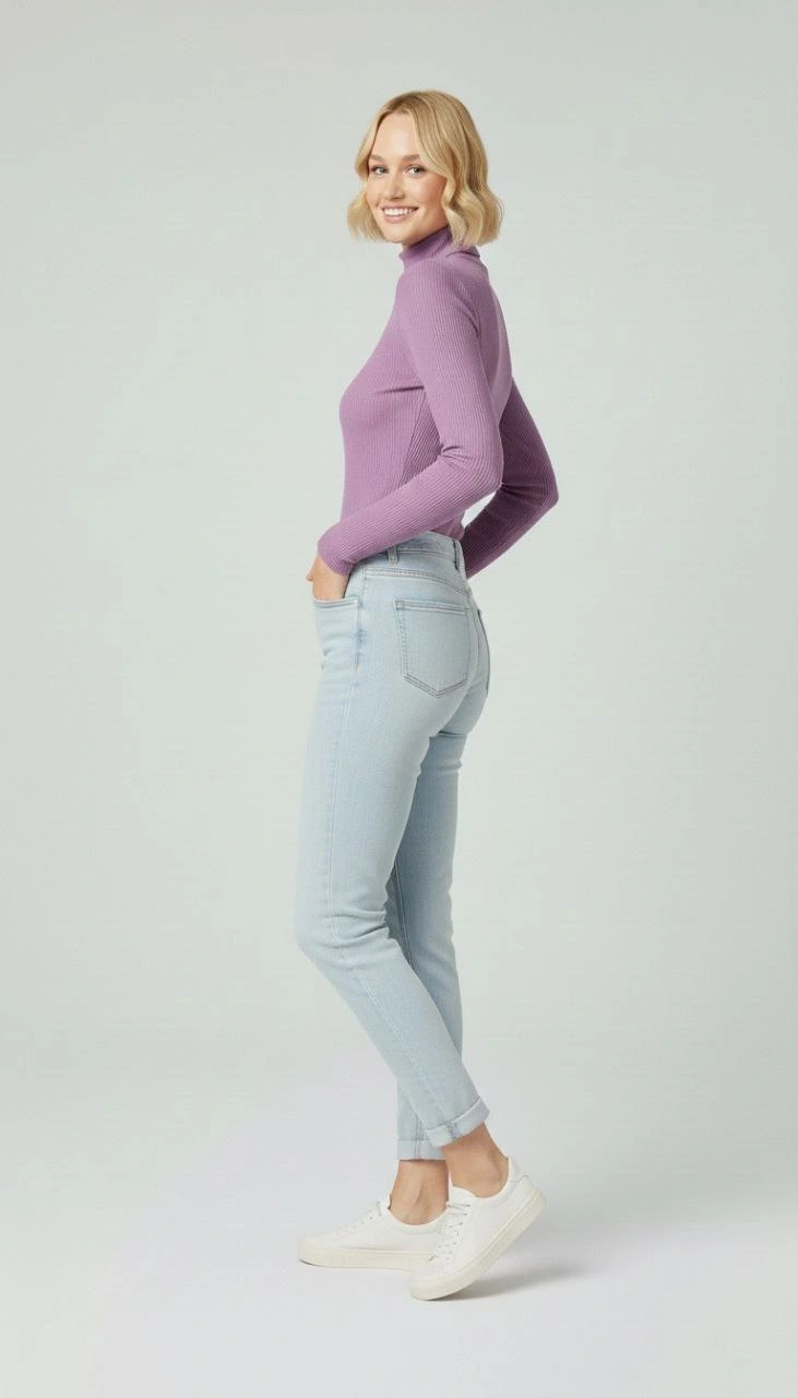 Kadın Tam Boğazlı Fitilli Likrali Kaşkorse Badi İnce Uzun Kollu Kazak - Mor