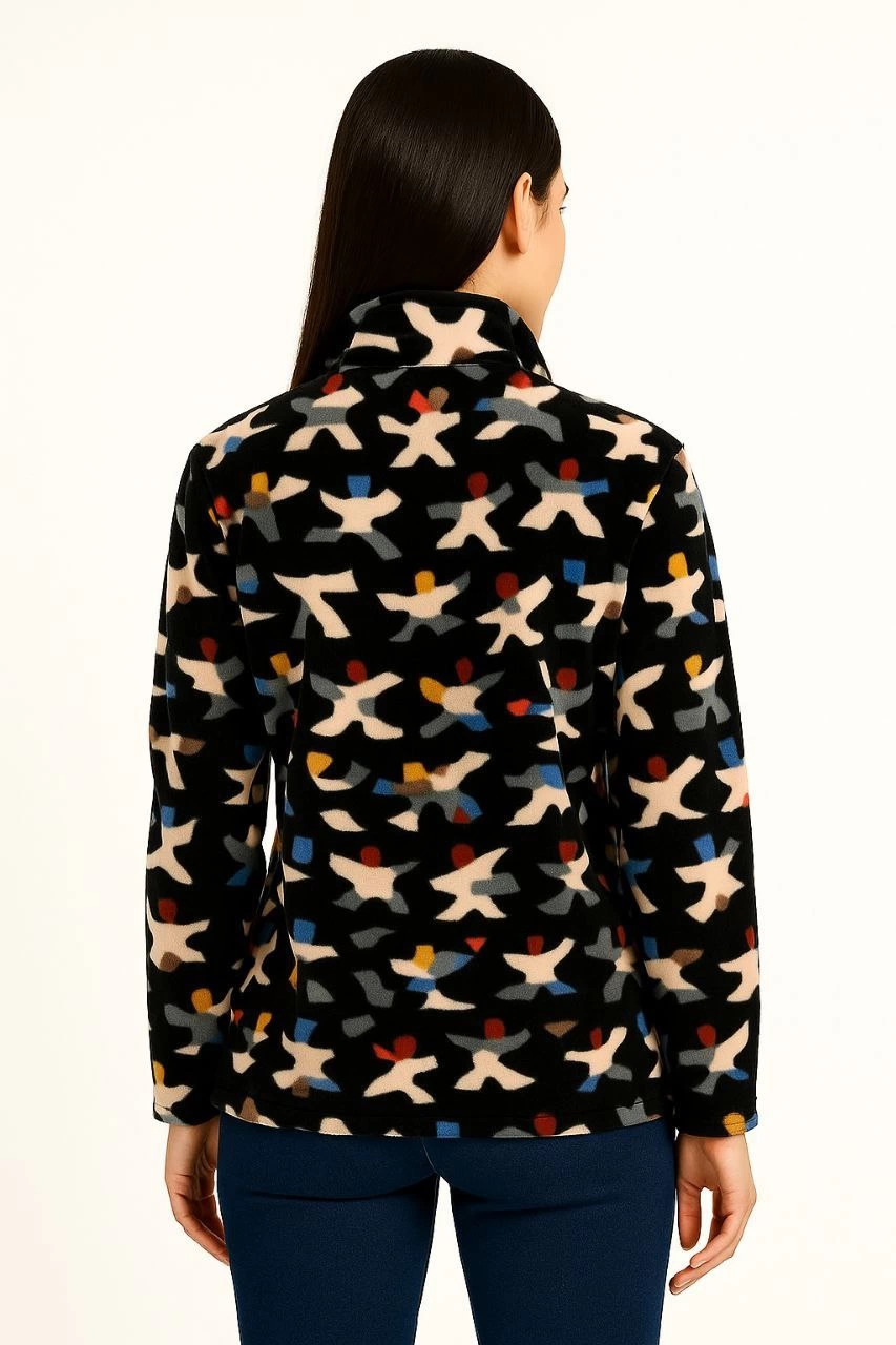 Kadın Tam Fermuarlı Desenli Polar Sweat – Siyah Multicolor Figür Desen Yakalı, Uzun Kollu, Oversize Rahat Kalıp - Siyah
