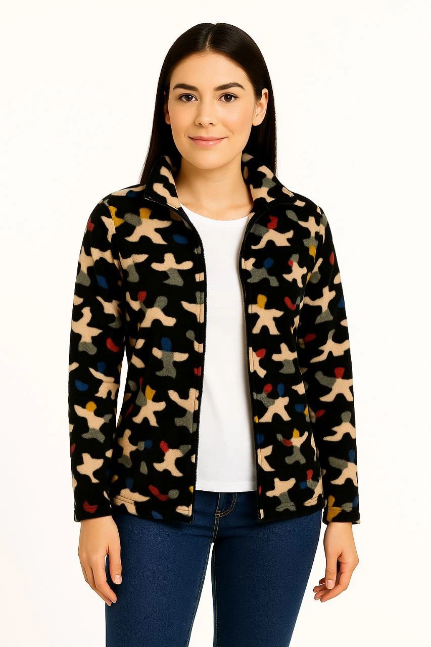 Kadın Tam Fermuarlı Desenli Polar Sweat – Siyah Multicolor Figür Desen Yakalı, Uzun Kollu, Oversize Rahat Kalıp - Siyah