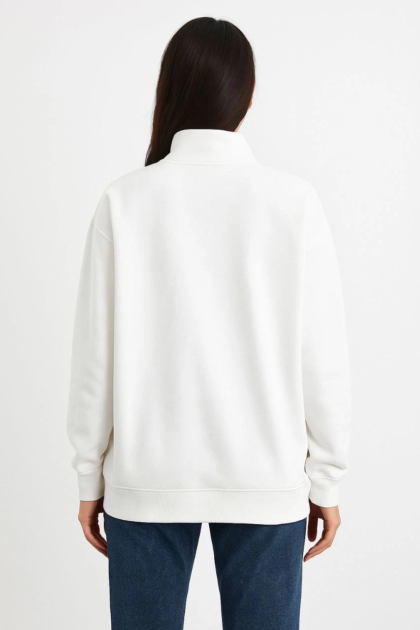 Kadın Üç İplik Dık Yaka Yarım Fermuarlı SweatShirt - Beyaz