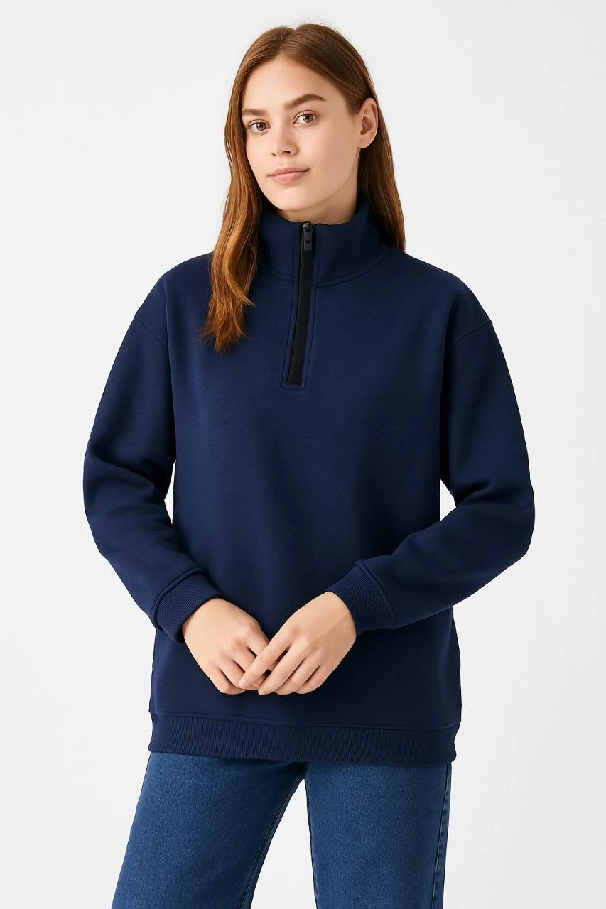 Kadın Üç İplik Dık Yaka Yarım Fermuarlı SweatShirt - Lacivert