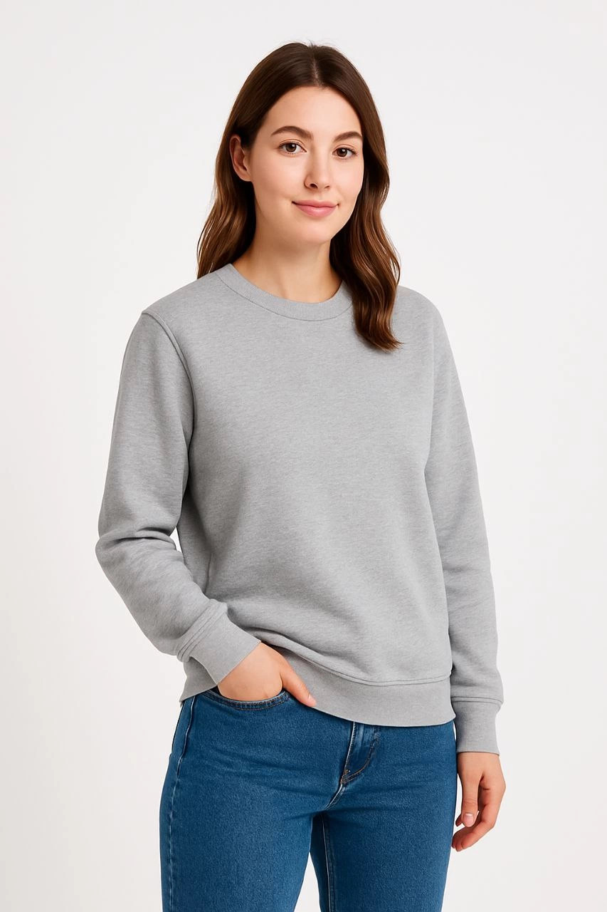 Kadın Üç İplik Düz Bisiklet Yaka SweatShirt - Gri