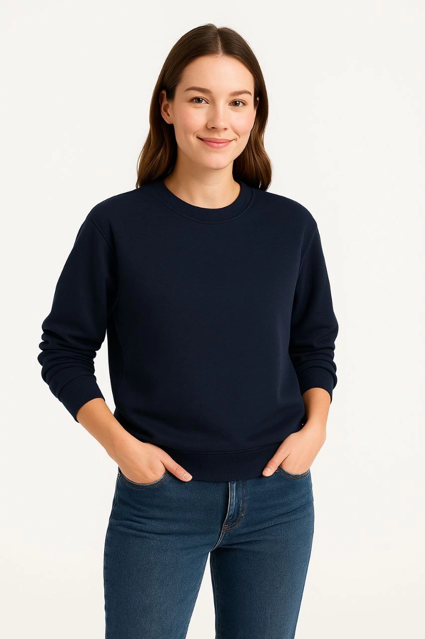 المرأة ثلاثة غزل مستقيم دراجة طوق SweatShirt - البحرية