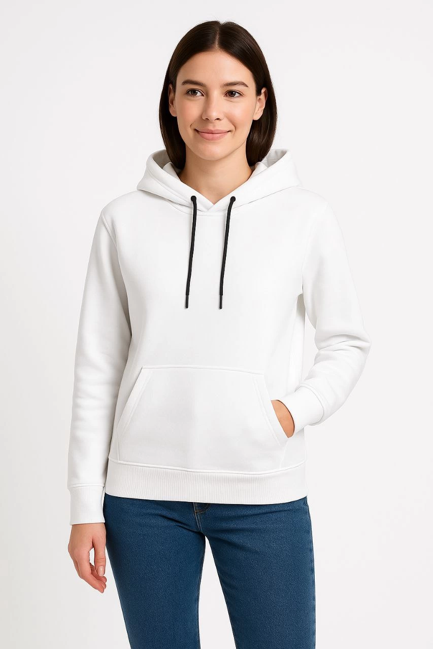 Kadın Üç İplik Kapüşonlu Kanguru Çepli SweatShirt hoodie - Beyaz