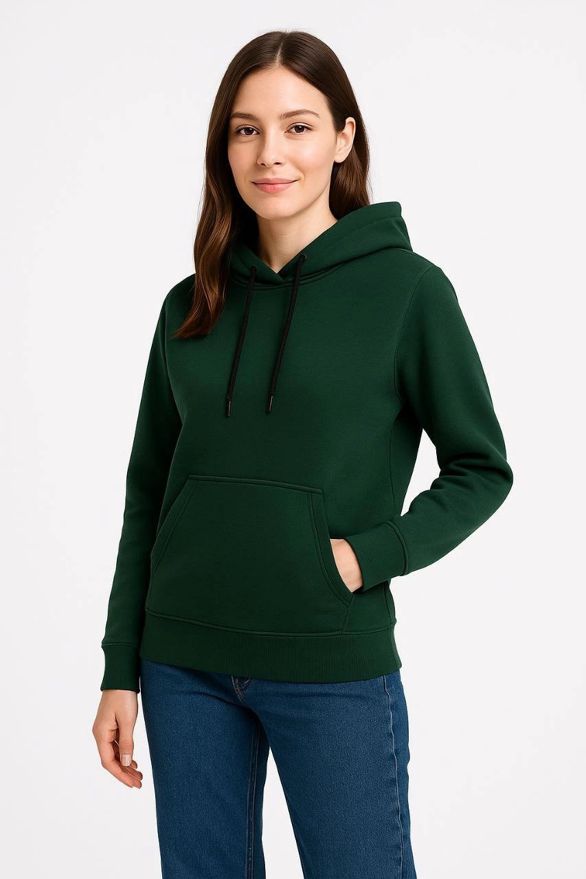Kadın Üç İplik Kapüşonlu Kanguru Cepli Sweatshirt hoodie - Haki