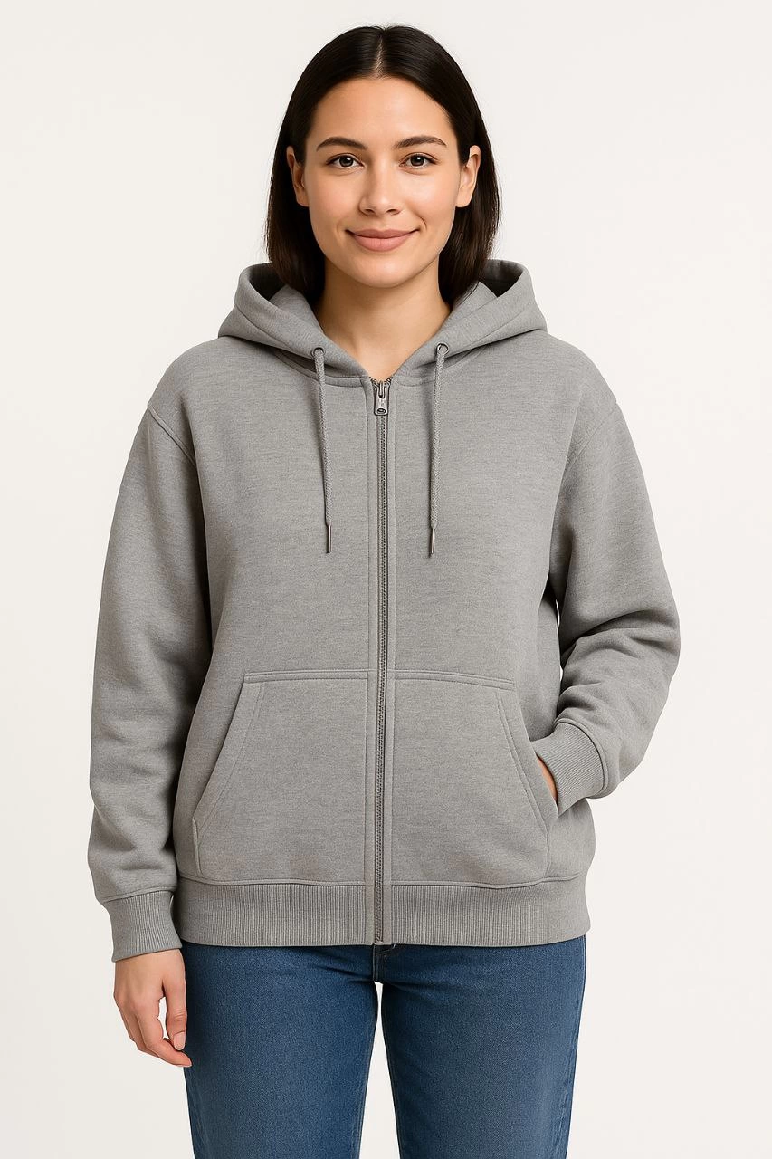 Kadın Üç İplik Kapüşonlu Tam Fermuarlı Kanguru Çepli SweatShirt Hoodie - Gri