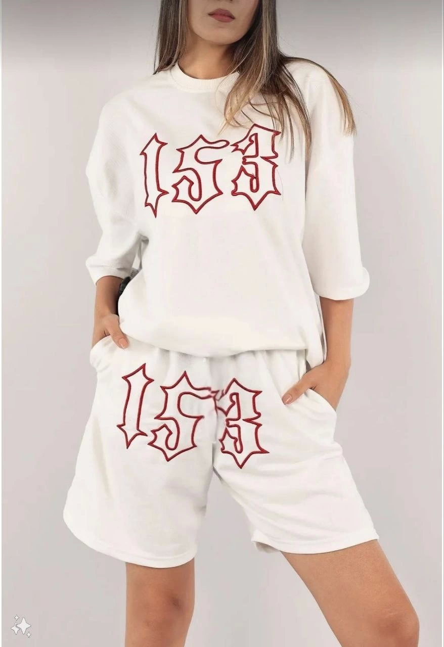 Women Unisex Embroidery Embroidered Shorts Tool - White