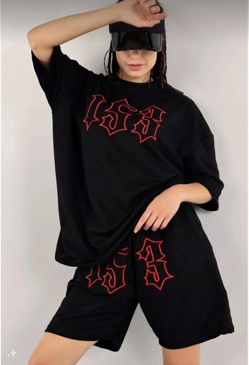 Women Unisex Embroidery Embroidered Shorts Tool - Black