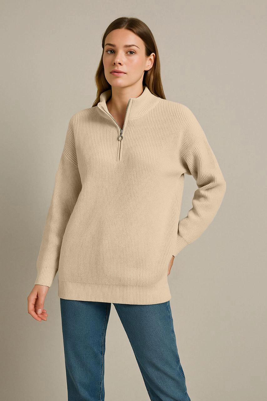KADIN Yarım Fermuarlı Triko Kazak – Selanik Örgü, Dik Yaka, Pamuklu Dokuma, Oversize Uzun Kollu Kışlık Model - Bej