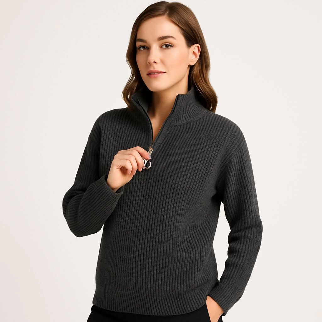 KADIN Yarım Fermuarlı Triko Kazak – Selanik Örgü, Dik Yaka, Pamuklu Dokuma, Oversize Uzun Kollu Kışlık Model - Füme