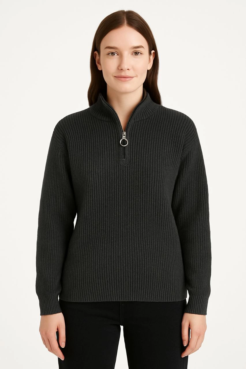 KADIN Yarım Fermuarlı Triko Kazak – Selanik Örgü, Dik Yaka, Pamuklu Dokuma, Oversize Uzun Kollu Kışlık Model - Füme