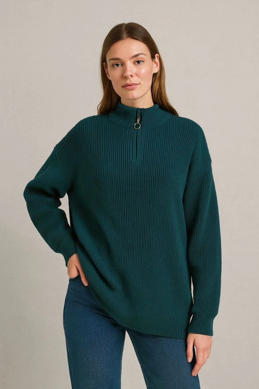 KADIN Yarım Fermuarlı Triko Kazak – Selanik Örgü, Dik Yaka, Pamuklu Dokuma, Oversize Uzun Kollu Kışlık Model - Haki