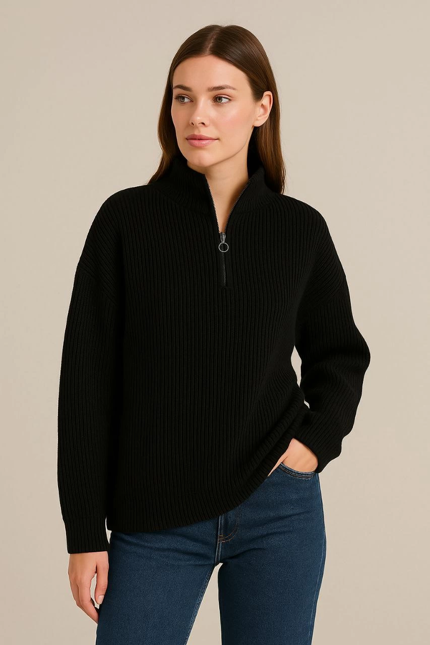 KADIN Yarım Fermuarlı Triko Kazak – Selanik Örgü, Dik Yaka, Pamuklu Dokuma, Oversize Uzun Kollu Kışlık Model - Siyah