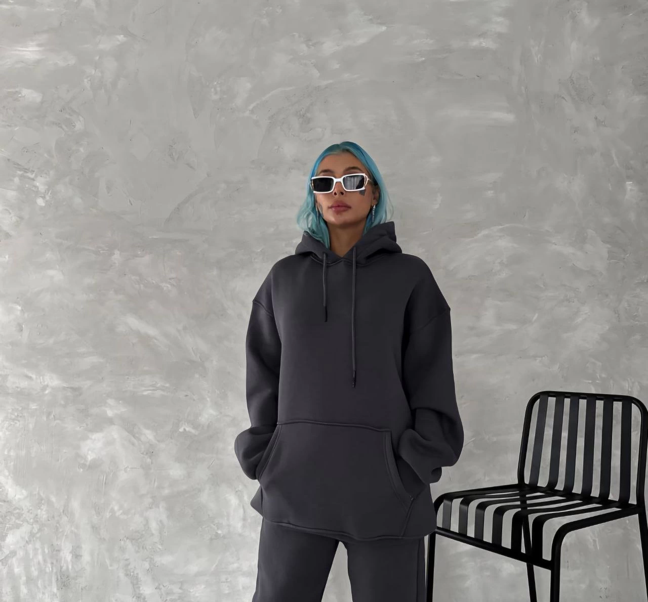 Kapüşonlu Üç İplik Penye Basic SweatShirt - Füme