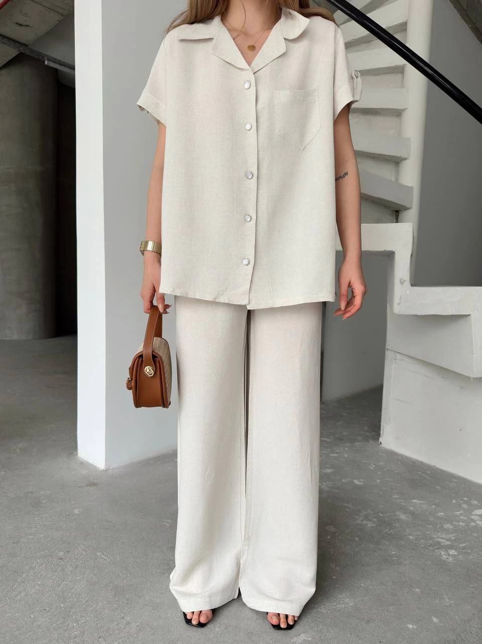 Keten Kısa Kollu Cepli Gömlek Pantolon ikili Takım - Beyaz