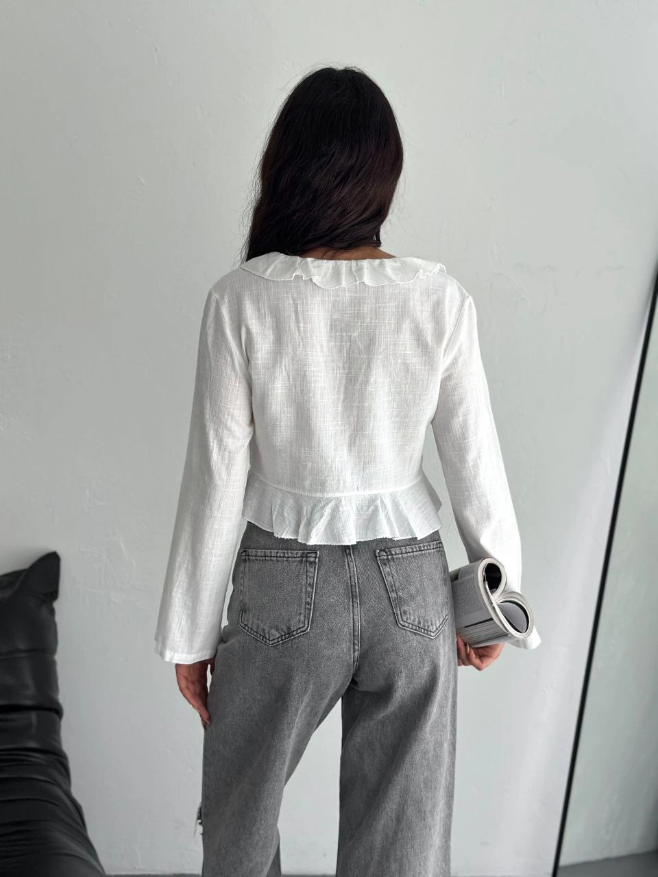 Keten Uzun Kol Bağacık Detaylı Bluz - Beyaz