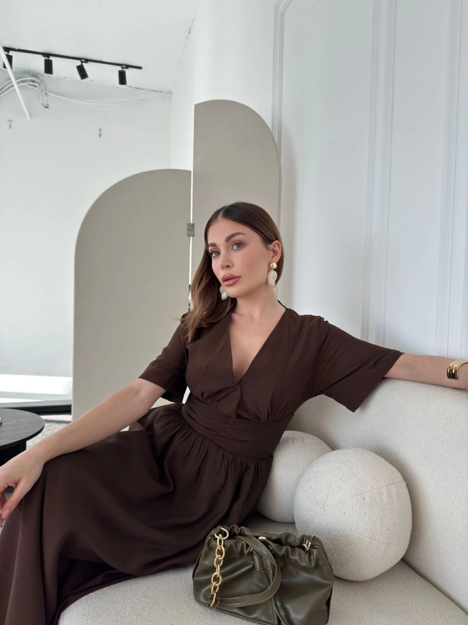 Kısa Kollu Uzun Elbise - Kahve