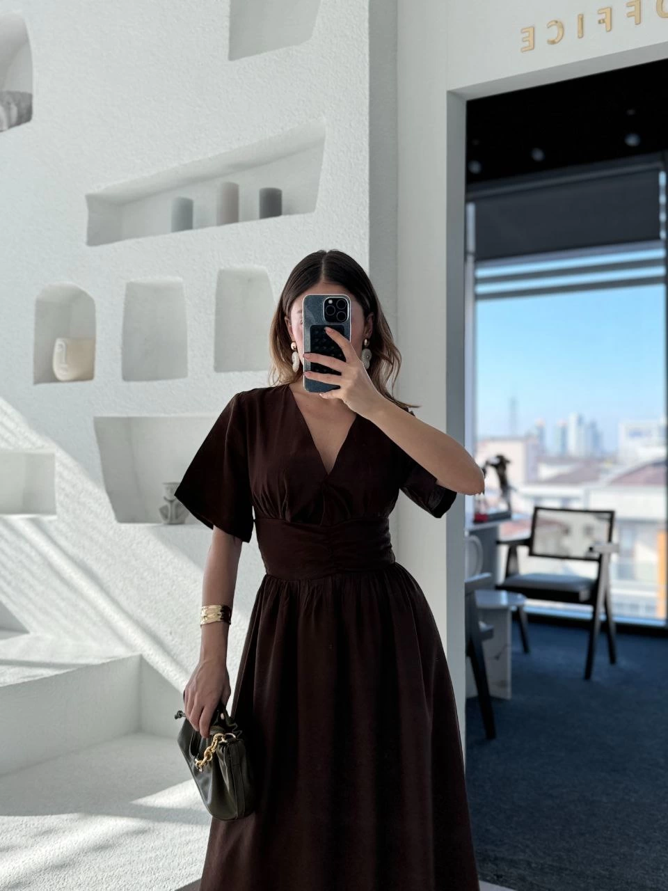 Kısa Kollu Uzun Elbise - Kahve