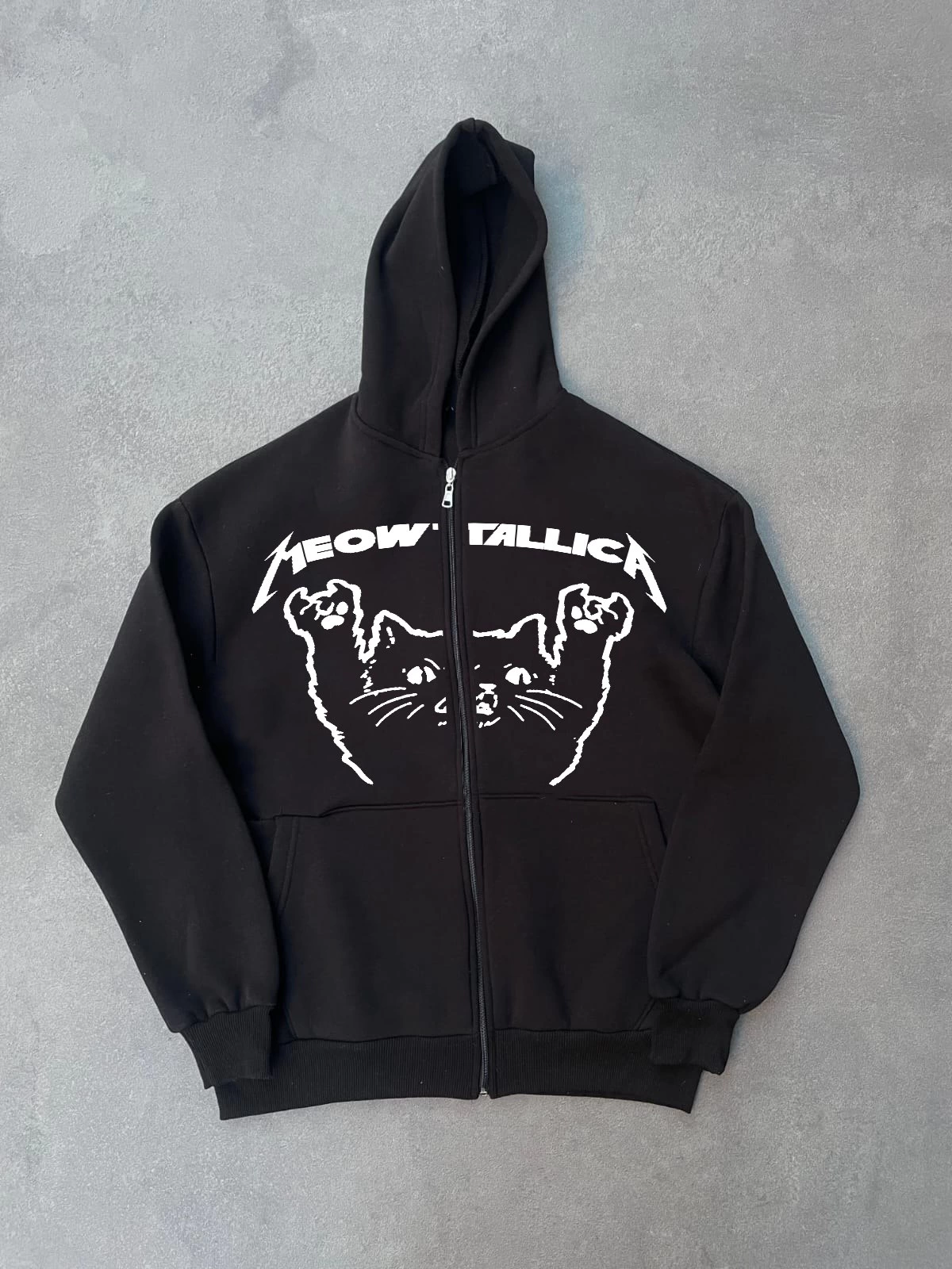 Kışlık Baskılı Fermuarlı Kapüşonlu Hırka - Siyah