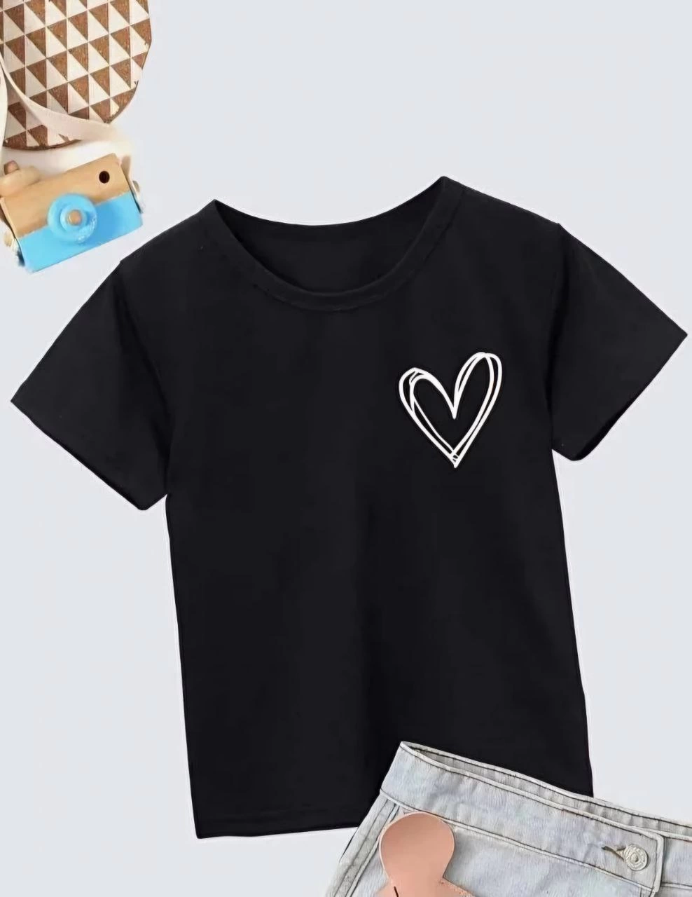 Girl Kids Bike Collar Printed T-Shirt - Black