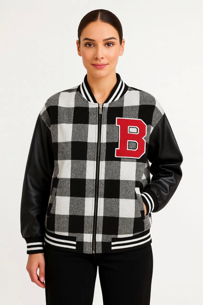 Handles Artificial Leather Lining Wooder College Jacket - Grey