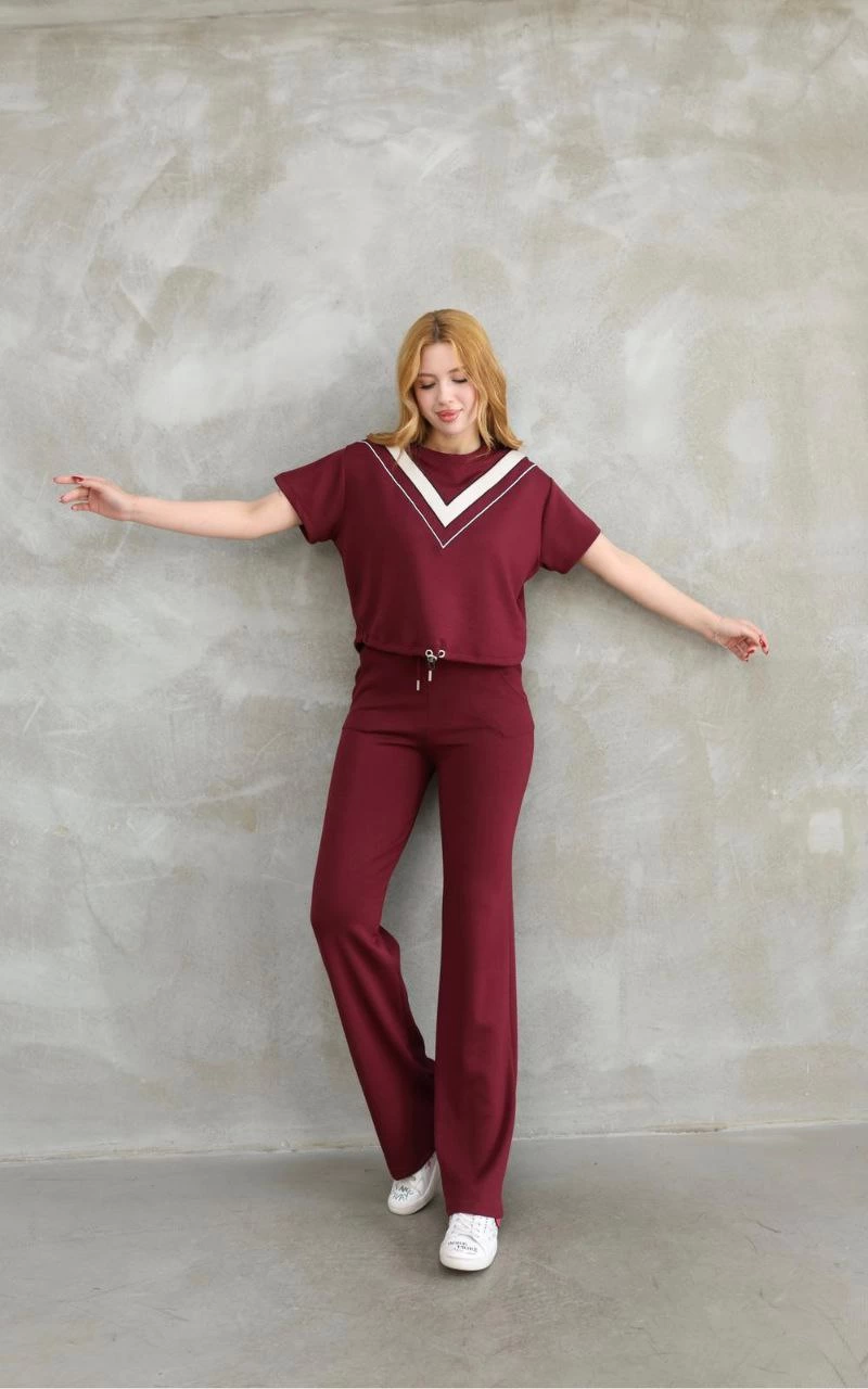 Osy Modal Soft textured Fabric Bicycle Collar Piece Detailed Short Sleeves Tool - Bordo