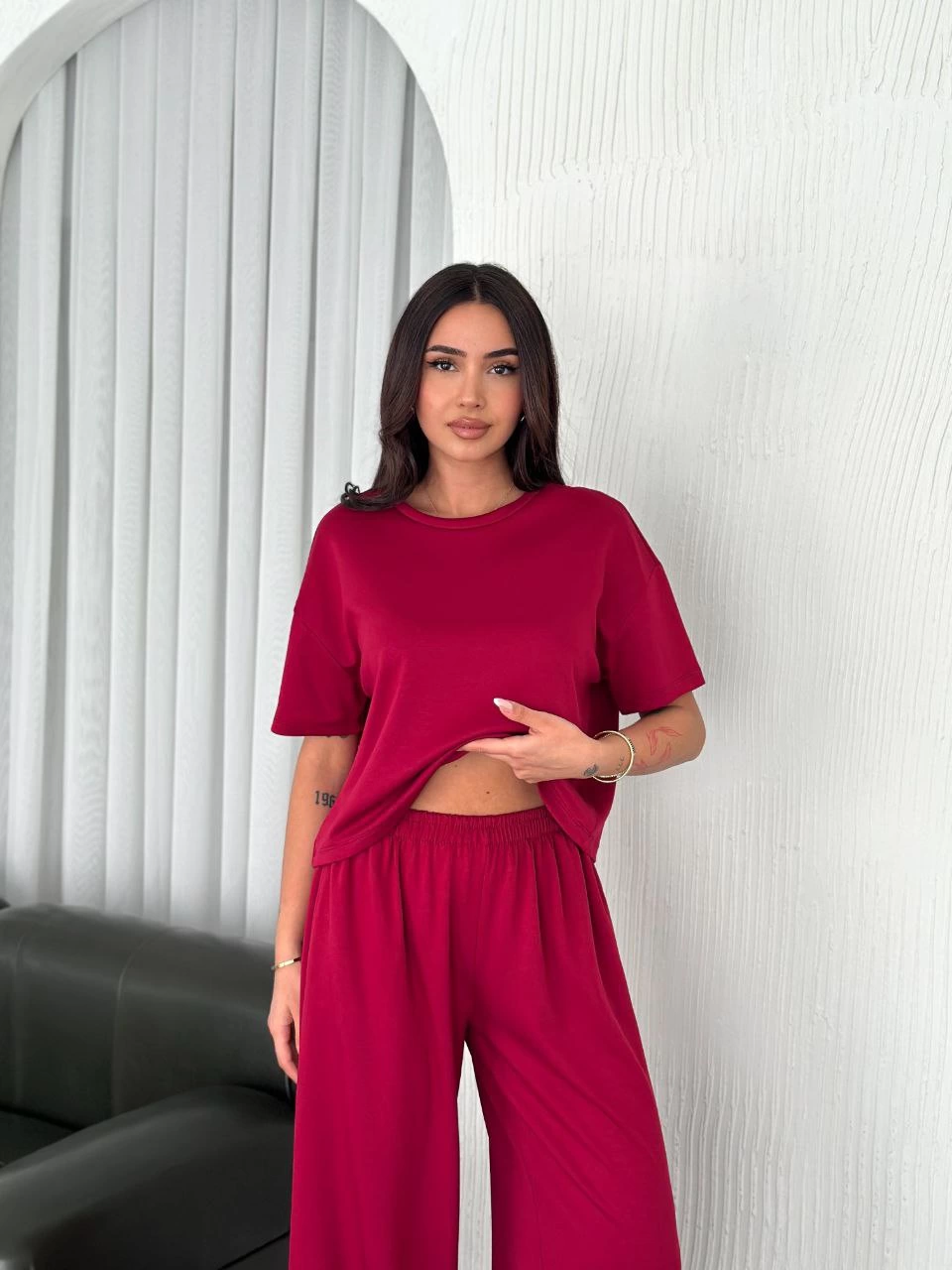 Osy Modal Yumuşak Dokulu Kumaş Bisiklet Yaka T-shirt Bol paça Pantalon ikili Takım -Bordo