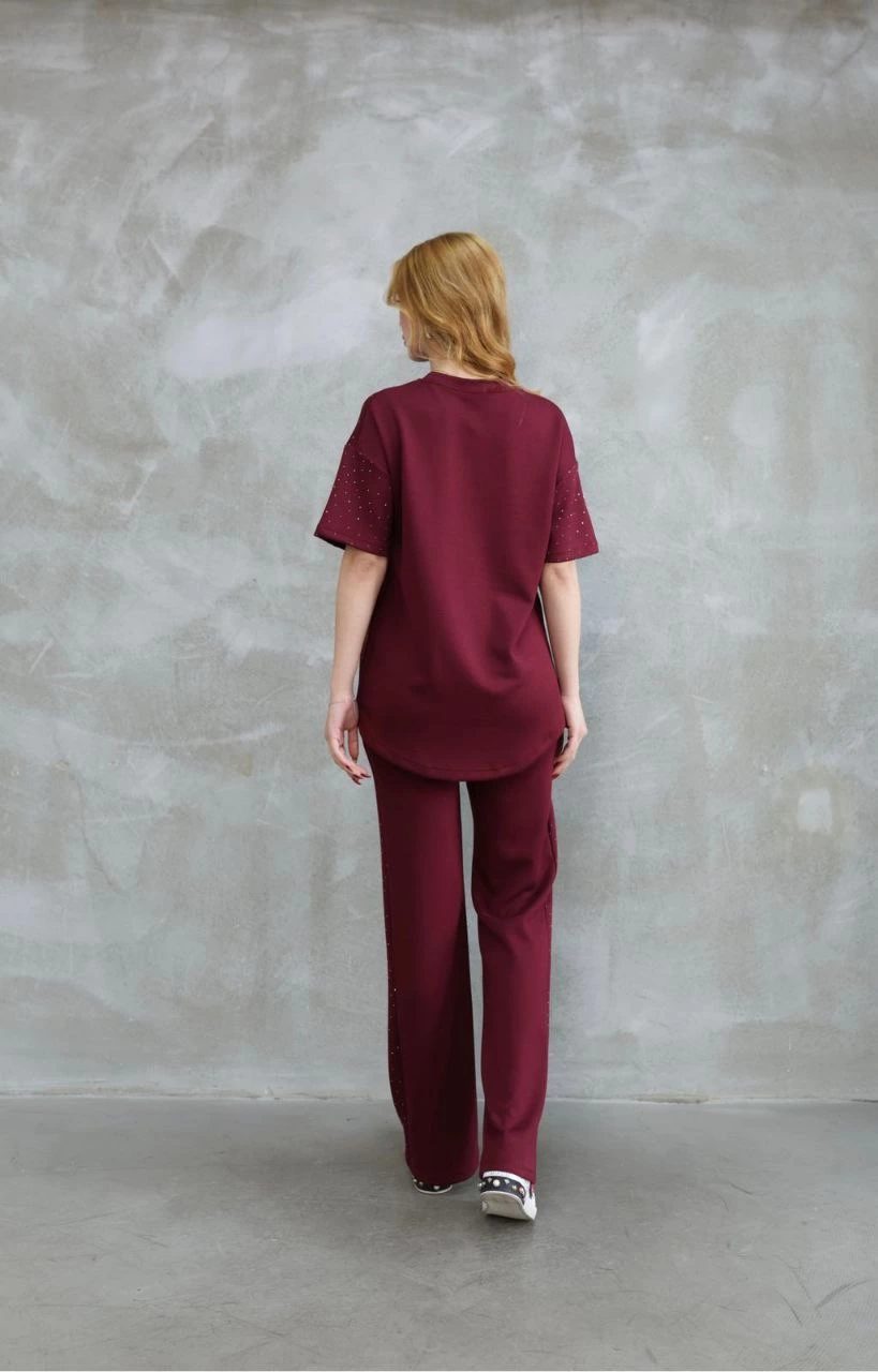 Osy Modal Yumuşak dokulu Kumaş Bisiklet Yaka Taş detaylı Kısa Kollu Takım - Bordo