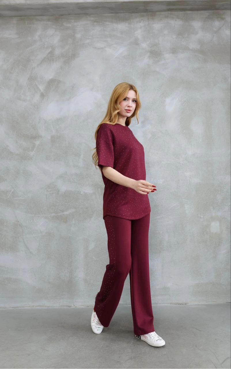 Osy Modal Yumuşak dokulu Kumaş Bisiklet Yaka Taş detaylı Kısa Kollu Takım - Bordo