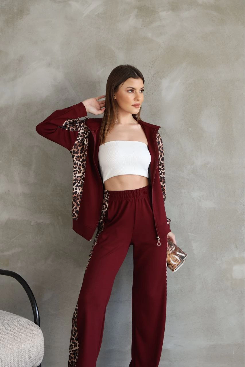 Osy Modal Soft Textured Fabric Hooded Leopard Patterned Zipper Tool - Bordo