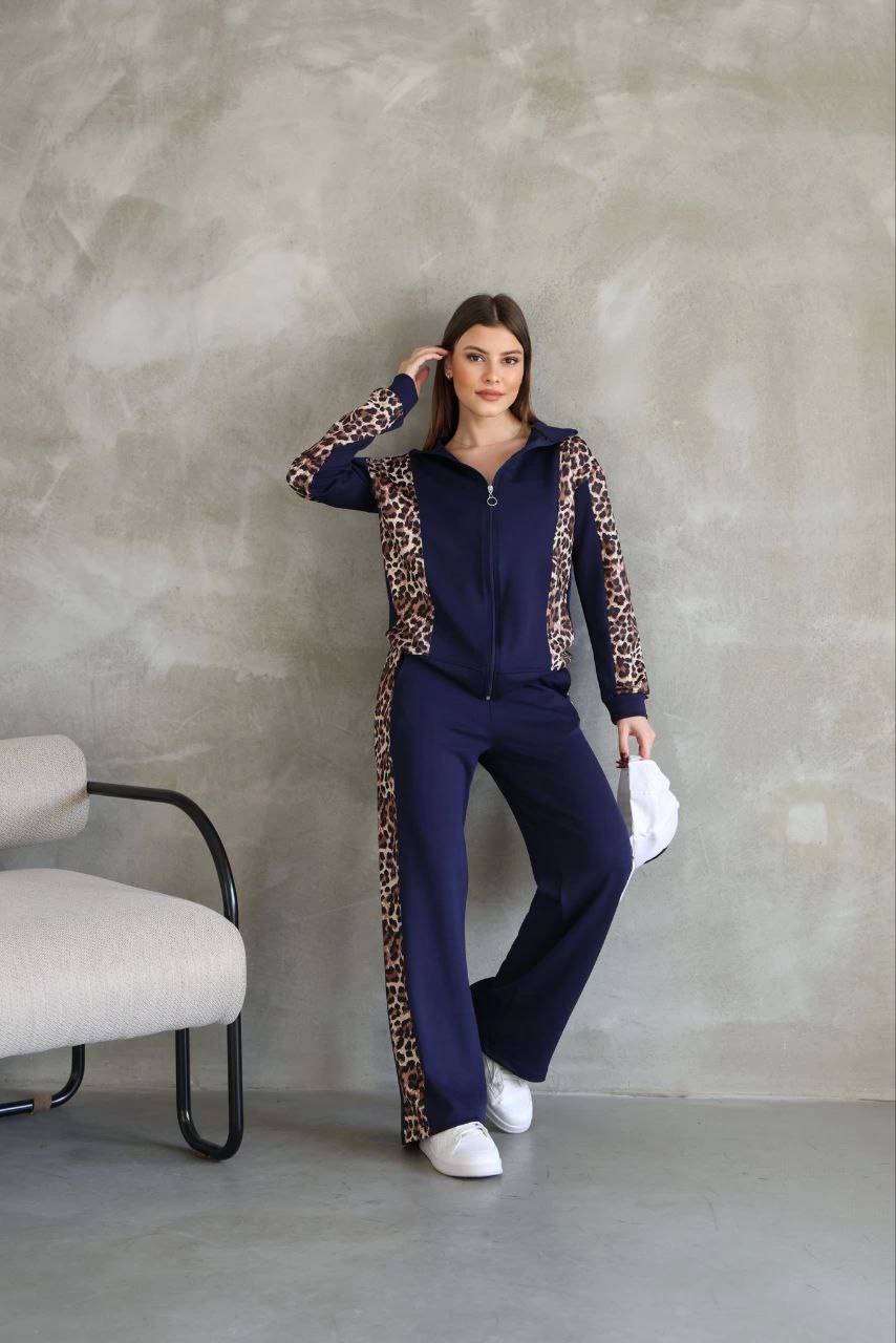 Osy Modal Soft Textured Fabric Hooded Leopard Patterned Zipper Tool - Navy
