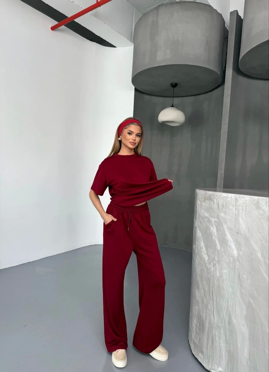 Osy Modal Soft Textured Fabric Short Sleeve Blouse Comfortable Pantalon Dual Tool- Bordo
