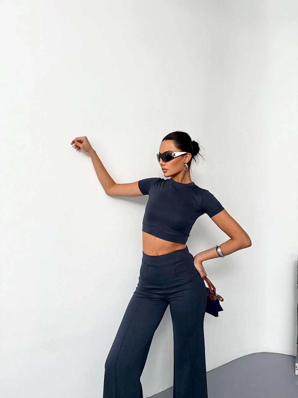 Osy Modal Yumuşak Dokulu Kumaş Kısa Kollu Crop Alt ispanyol Paça Pantalon ikili Takım - Füme