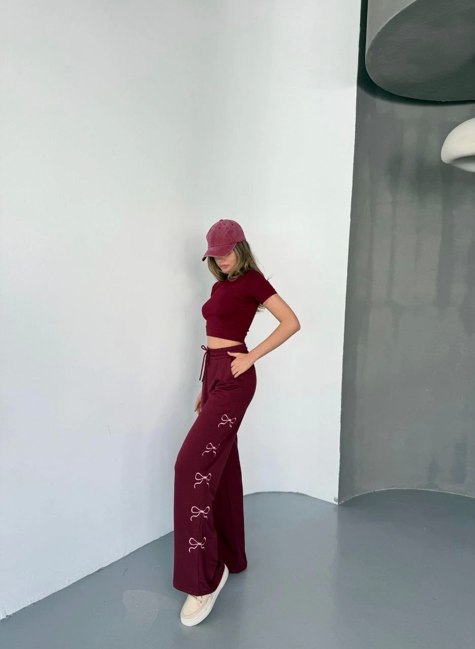 Osy Modal Soft Textured Fabric Comfortable Bol Paça Equiofman Pantalon With Embroidery Processing - Bordo