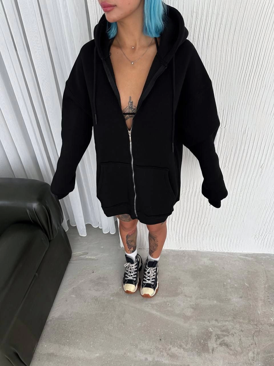 Oversize Full Zipper Long Sleeve Ratchet - Black