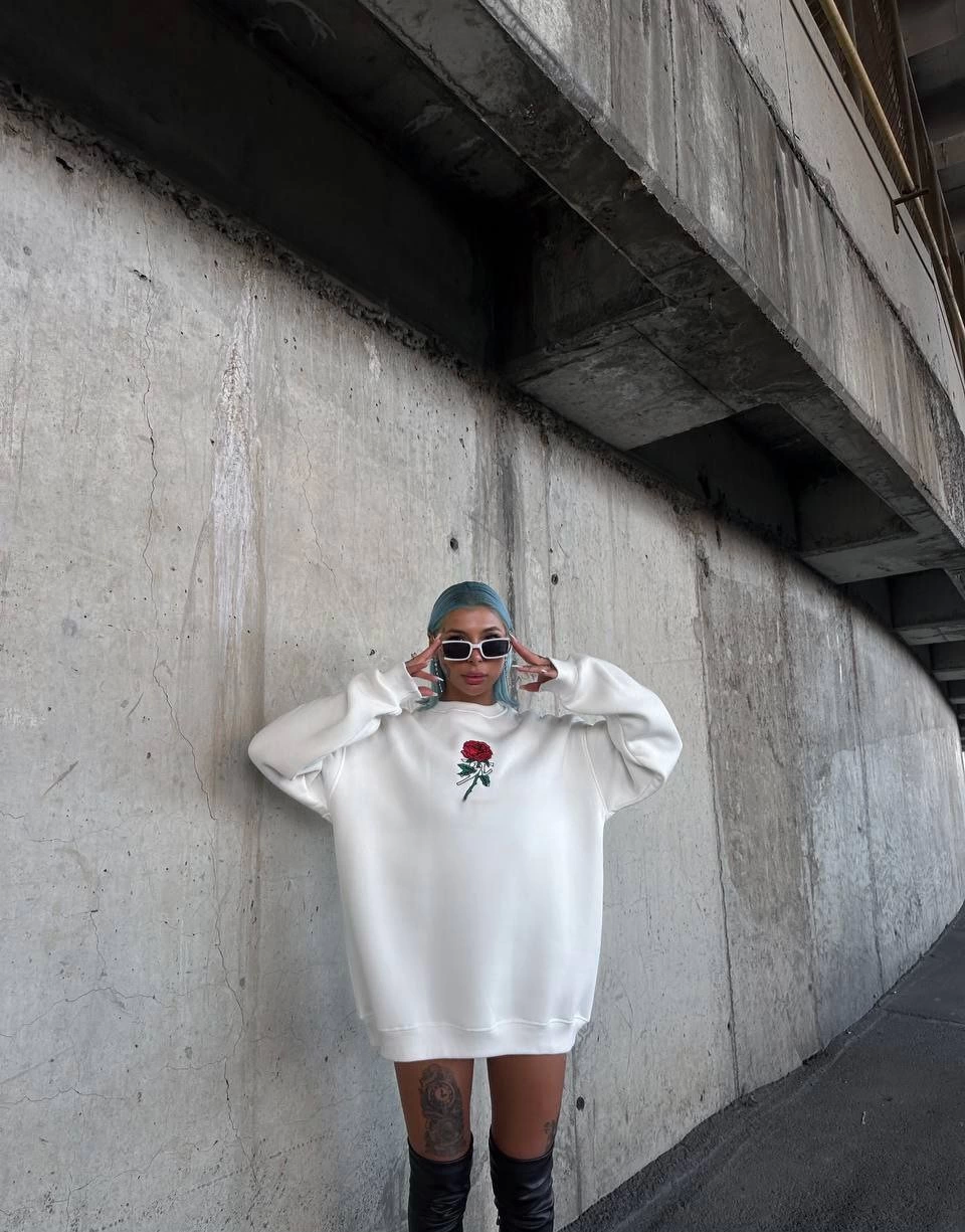 Oversize Three Thread Bicycle Collar Printed SweatShirt - White