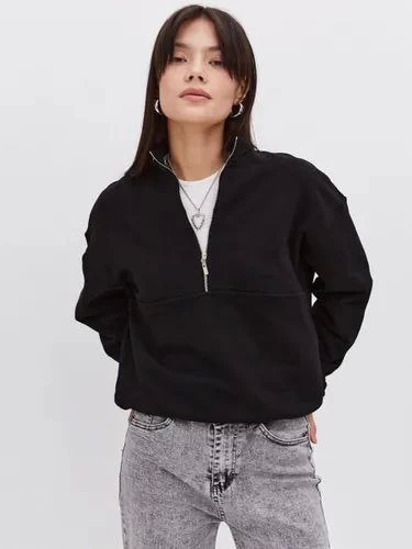 Oversize Half Farmed Collar Basic SweatShirt - Black
